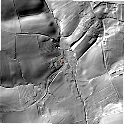 Shaded relief map of the ground around OX73NF, computed from Environment Agency LiDAR. The ground here sits at about 100 m above sea level and falls 34 m across the surrounding 800 m. Surface water reaching this point runs off ground lying to the west-north-west, 24.7 m higher.