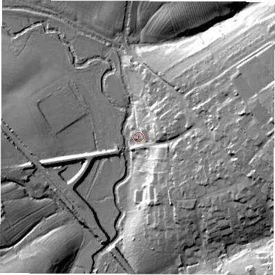 Shaded relief map of the ground around OX73QG, computed from Environment Agency LiDAR. The ground here sits at about 88 m above sea level and falls 35 m across the surrounding 800 m. Surface water reaching this point runs off ground lying to the east, 30.1 m higher.