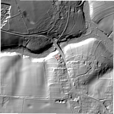 Shaded relief map of the ground around OX74NE, computed from Environment Agency LiDAR. The ground here sits at about 134 m above sea level and falls 38 m across the surrounding 800 m. Surface water reaching this point runs off ground lying to the south, 8.8 m higher.