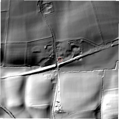 Shaded relief map of the ground around OX75RE, computed from Environment Agency LiDAR. The ground here sits at about 173 m above sea level and falls 41 m across the surrounding 800 m. Surface water reaching this point runs off ground lying to the north-north-west, 26.6 m higher.