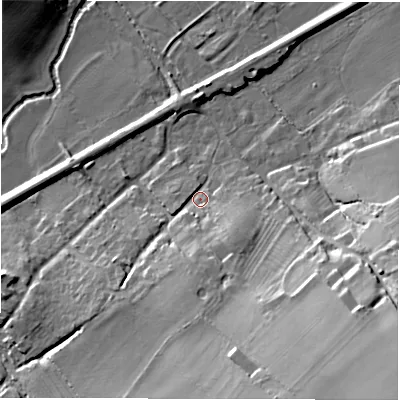 Shaded relief map of the ground around OX76AB, computed from Environment Agency LiDAR. The ground here sits at about 96 m above sea level and falls 29 m across the surrounding 800 m. Surface water reaching this point runs off ground lying to the south-south-east, 22.2 m higher.