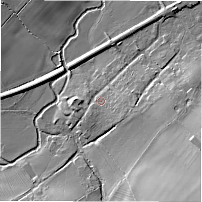 Shaded relief map of the ground around OX76AE, computed from Environment Agency LiDAR. The ground here sits at about 98 m above sea level and falls 26 m across the surrounding 800 m. Surface water reaching this point runs off ground lying to the east-south-east, 4.2 m higher.