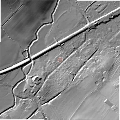 Shaded relief map of the ground around OX76AF, computed from Environment Agency LiDAR. The ground here sits at about 96 m above sea level and falls 24 m across the surrounding 800 m. Surface water reaching this point runs off ground lying to the south-east, 8.4 m higher.
