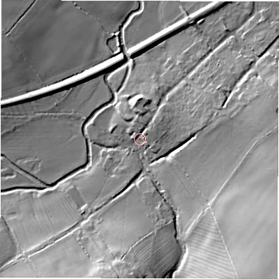 Shaded relief map of the ground around OX76AG, computed from Environment Agency LiDAR. The ground here sits at about 95 m above sea level and falls 27 m across the surrounding 800 m. Surface water reaching this point runs off ground lying to the north-east, 5.1 m higher.