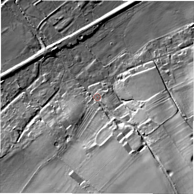 Shaded relief map of the ground around OX76AN, computed from Environment Agency LiDAR. The ground here sits at about 98 m above sea level and falls 31 m across the surrounding 800 m. Surface water reaching this point runs off ground lying to the south-east, 25.3 m higher.