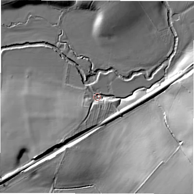 Shaded relief map of the ground around OX76AP, computed from Environment Agency LiDAR. The ground here sits at about 92 m above sea level and falls 30 m across the surrounding 800 m. Surface water reaching this point runs off ground lying to the south-south-west, 11.9 m higher.