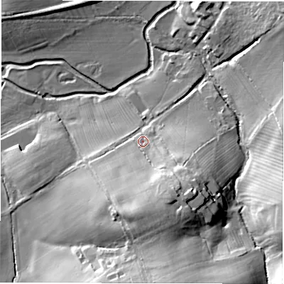 Shaded relief map of the ground around OX76AQ, computed from Environment Agency LiDAR. The ground here sits at about 101 m above sea level and falls 26 m across the surrounding 800 m. Surface water reaching this point runs off ground lying to the south-south-east, 14.8 m higher.