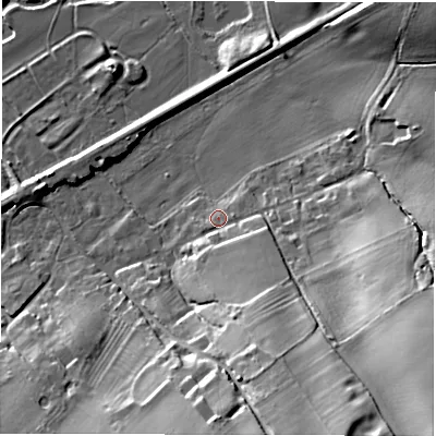 Shaded relief map of the ground around OX76AW, computed from Environment Agency LiDAR. The ground here sits at about 96 m above sea level and falls 29 m across the surrounding 800 m. Surface water reaching this point runs off ground lying to the south-south-east, 9.1 m higher.