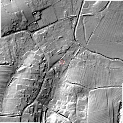 Shaded relief map of the ground around OX76BP, computed from Environment Agency LiDAR. The ground here sits at about 99 m above sea level and falls 24 m across the surrounding 800 m. Surface water reaching this point runs off ground lying to the west-south-west, 9.6 m higher.