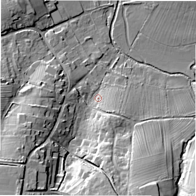 Shaded relief map of the ground around OX76DD, computed from Environment Agency LiDAR. The ground here sits at about 100 m above sea level and falls 25 m across the surrounding 800 m. Surface water reaching this point runs off ground lying to the south-west, 20.5 m higher.