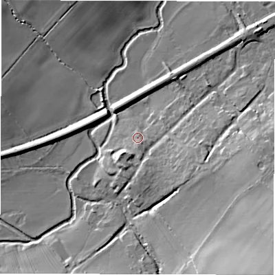 Shaded relief map of the ground around OX76EQ, computed from Environment Agency LiDAR. The ground here sits at about 96 m above sea level and falls 22 m across the surrounding 800 m. Surface water reaching this point runs off ground lying to the south-east, 2.2 m higher.