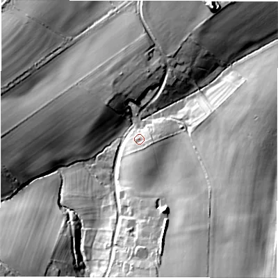 Shaded relief map of the ground around OX76EX, computed from Environment Agency LiDAR. The ground here sits at about 120 m above sea level and falls 30 m across the surrounding 800 m. Surface water reaching this point runs off ground lying to the south-south-east, 5.9 m higher.