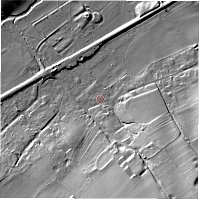 Shaded relief map of the ground around OX76FY, computed from Environment Agency LiDAR. The ground here sits at about 96 m above sea level and falls 29 m across the surrounding 800 m. Surface water reaching this point runs off ground lying to the south-south-east, 23.2 m higher.