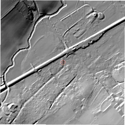 Shaded relief map of the ground around OX76FZ, computed from Environment Agency LiDAR. The ground here sits at about 94 m above sea level and falls 23 m across the surrounding 800 m. Surface water reaching this point runs off ground lying to the south-east, 20.9 m higher.