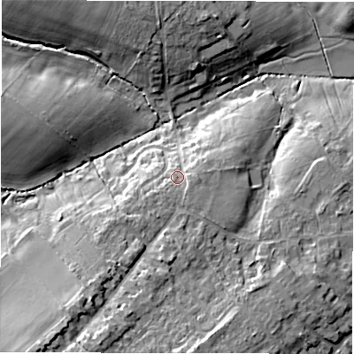 Shaded relief map of the ground around OX76LF, computed from Environment Agency LiDAR. The ground here sits at about 110 m above sea level and falls 15 m across the surrounding 800 m. Surface water reaching this point runs off ground lying to the south-south-east, 2.4 m higher.
