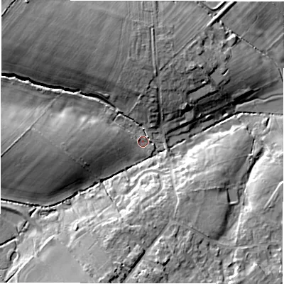 Shaded relief map of the ground around OX76LG, computed from Environment Agency LiDAR. The ground here sits at about 104 m above sea level and falls 15 m across the surrounding 800 m. Surface water reaching this point runs off ground lying to the north-west, 12.7 m higher.