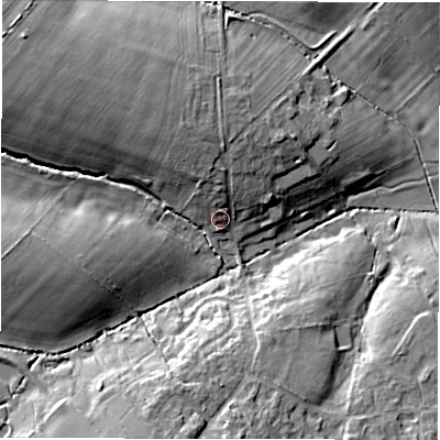 Shaded relief map of the ground around OX76LH, computed from Environment Agency LiDAR. The ground here sits at about 107 m above sea level and falls 15 m across the surrounding 800 m. Surface water reaching this point runs off ground lying to the north-north-west, 8.8 m higher.