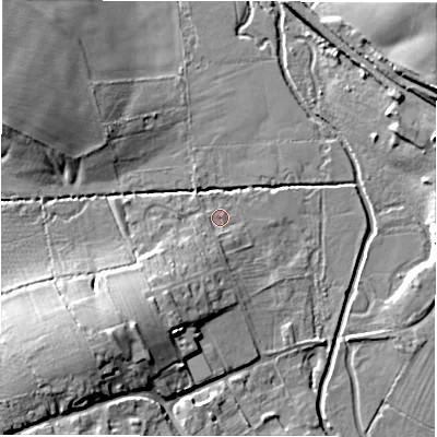 Shaded relief map of the ground around OX76QU, computed from Environment Agency LiDAR. The ground here sits at about 98 m above sea level and falls 21 m across the surrounding 800 m. Surface water reaching this point runs off ground lying to the south-west, 5.7 m higher.