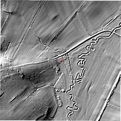 Shaded relief map of the ground around OX76TA, computed from Environment Agency LiDAR. The ground here sits at about 113 m above sea level and falls 14 m across the surrounding 800 m. Surface water reaching this point runs off ground lying to the west, 2.8 m higher.