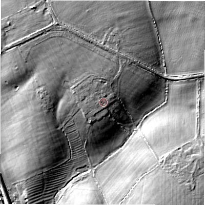 Shaded relief map of the ground around OX76UJ, computed from Environment Agency LiDAR. The ground here sits at about 116 m above sea level and falls 20 m across the surrounding 800 m. Surface water reaching this point runs off ground lying to the north, 1.7 m higher.