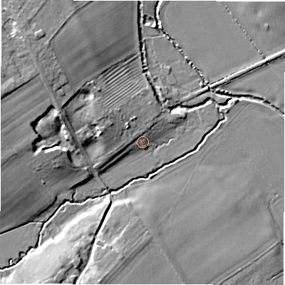 Shaded relief map of the ground around OX76UR, computed from Environment Agency LiDAR. The ground here sits at about 107 m above sea level and falls 14 m across the surrounding 800 m. Surface water reaching this point runs off ground lying to the north-west, 3.3 m higher.