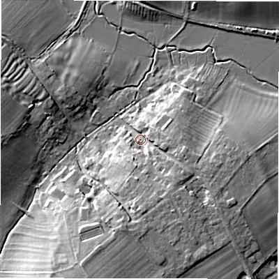 Shaded relief map of the ground around OX76UX, computed from Environment Agency LiDAR. The ground here sits at about 110 m above sea level and falls 14 m across the surrounding 800 m. Surface water reaching this point runs off ground lying to the south, 8.4 m higher.