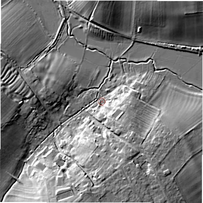 Shaded relief map of the ground around OX76UZ, computed from Environment Agency LiDAR. The ground here sits at about 108 m above sea level and falls 12 m across the surrounding 800 m. Surface water reaching this point runs off ground lying to the south-east, 8.3 m higher.