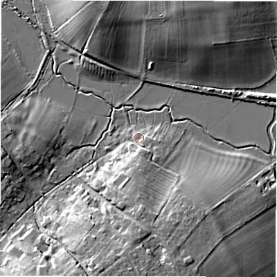 Shaded relief map of the ground around OX76XA, computed from Environment Agency LiDAR. The ground here sits at about 108 m above sea level and falls 12 m across the surrounding 800 m. Surface water reaching this point runs off ground lying to the south, 3.6 m higher.