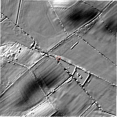 Shaded relief map of the ground around OX76XL, computed from Environment Agency LiDAR. The ground here sits at about 116 m above sea level and falls 14 m across the surrounding 800 m. Surface water reaching this point runs off ground lying to the west, 7.7 m higher.
