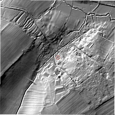 Shaded relief map of the ground around OX76XQ, computed from Environment Agency LiDAR. The ground here sits at about 108 m above sea level and falls 14 m across the surrounding 800 m. Surface water reaching this point runs off ground lying to the south, 12.1 m higher.