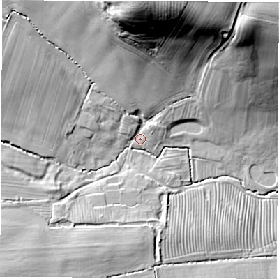 Shaded relief map of the ground around OX77AU, computed from Environment Agency LiDAR. The ground here sits at about 98 m above sea level and falls 46 m across the surrounding 800 m. Surface water reaching this point runs off ground lying to the north, 43.8 m higher.