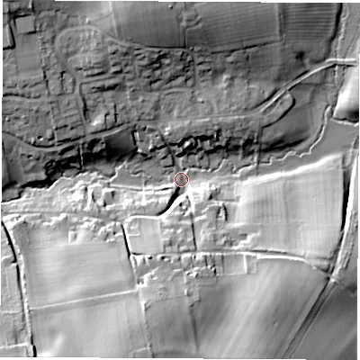 Shaded relief map of the ground around OX77BT, computed from Environment Agency LiDAR. The ground here sits at about 109 m above sea level and falls 30 m across the surrounding 800 m. Surface water reaching this point runs off ground lying to the south-south-west, 28.3 m higher.