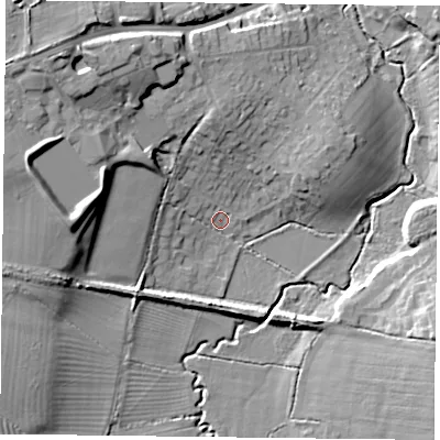 Shaded relief map of the ground around OX92AU, computed from Environment Agency LiDAR. The ground here sits at about 64 m above sea level and falls 17 m across the surrounding 800 m. Surface water reaching this point runs off ground lying to the north-west, 13.1 m higher.