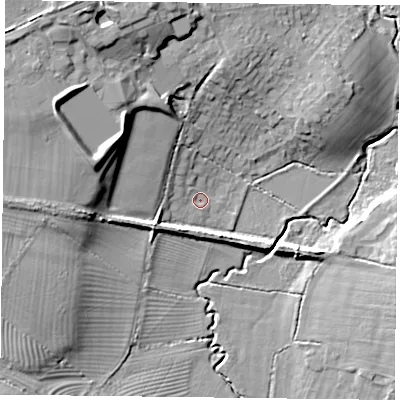 Shaded relief map of the ground around OX92BH, computed from Environment Agency LiDAR. The ground here sits at about 65 m above sea level and falls 16 m across the surrounding 800 m. Surface water reaching this point runs off ground lying to the west-north-west, 1.7 m higher.