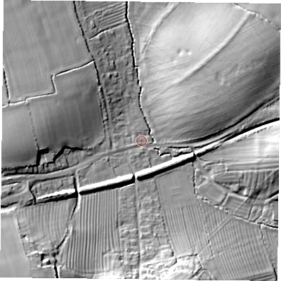 Shaded relief map of the ground around OX92LW, computed from Environment Agency LiDAR. The ground here sits at about 64 m above sea level and falls 24 m across the surrounding 800 m. Surface water reaching this point runs off ground lying to the south-south-west, 16.8 m higher.