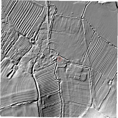 Shaded relief map of the ground around OX92LX, computed from Environment Agency LiDAR. The ground here sits at about 60 m above sea level and falls 12 m across the surrounding 800 m. Surface water reaching this point runs off ground lying to the west, 2.0 m higher.