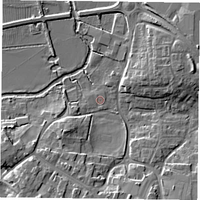 Shaded relief map of the ground around OX93AS, computed from Environment Agency LiDAR. The ground here sits at about 63 m above sea level and falls 11 m across the surrounding 800 m. Surface water reaching this point runs off ground lying to the south-south-east, 10.0 m higher.