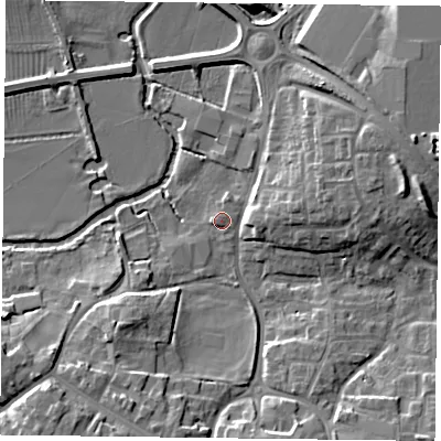 Shaded relief map of the ground around OX93AU, computed from Environment Agency LiDAR. The ground here sits at about 64 m above sea level and falls 11 m across the surrounding 800 m. Surface water reaching this point runs off ground lying to the south-south-west, 7.8 m higher.
