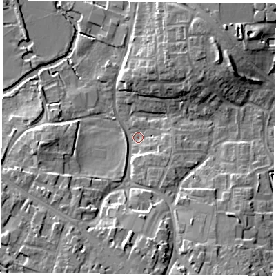 Shaded relief map of the ground around OX93AW, computed from Environment Agency LiDAR. The ground here sits at about 63 m above sea level and falls 13 m across the surrounding 800 m. Surface water reaching this point runs off ground lying to the south-south-east, 3.9 m higher.