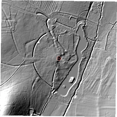 Shaded relief map of the ground around OX93PU, computed from Environment Agency LiDAR. The ground here sits at about 76 m above sea level and falls 24 m across the surrounding 800 m. Surface water reaching this point runs off ground lying to the west-south-west, 2.2 m higher.