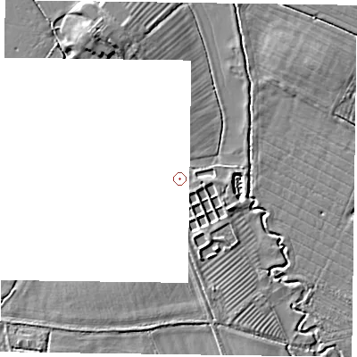 Shaded relief map of the ground around OX93QU, computed from Environment Agency LiDAR. and falls 4 m across the surrounding 800 m. Surface water reaching this point runs off ground lying to the south-east, 0.6 m higher.