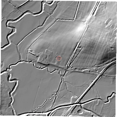 Shaded relief map of the ground around OX93RU, computed from Environment Agency LiDAR. The ground here sits at about 64 m above sea level and falls 16 m across the surrounding 800 m. Surface water reaching this point runs off ground lying to the north-east, 3.1 m higher.