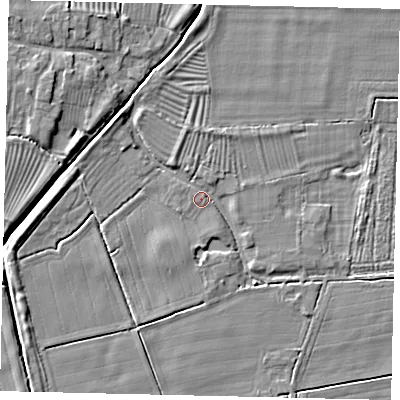 Shaded relief map of the ground around PE100AG, computed from Environment Agency LiDAR. The ground here sits at about 6 m above sea level and falls 8 m across the surrounding 800 m. Surface water reaching this point runs off ground lying to the north-west, 2.8 m higher.