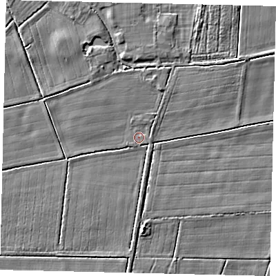 Shaded relief map of the ground around PE100AH, computed from Environment Agency LiDAR. The ground here sits at about 4 m above sea level and falls 5 m across the surrounding 800 m. Surface water reaching this point runs off ground lying to the west-south-west, 3.0 m higher.