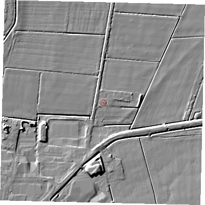 Shaded relief map of the ground around PE100AL, computed from Environment Agency LiDAR. The ground here sits at about 4 m above sea level and falls 8 m across the surrounding 800 m. Surface water reaching this point runs off ground lying to the north-north-west, 0.9 m higher.