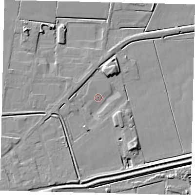 Shaded relief map of the ground around PE100AT, computed from Environment Agency LiDAR. The ground here sits at about 3 m above sea level and falls 8 m across the surrounding 800 m. Surface water reaching this point runs off ground lying to the north-north-east, 5.3 m higher.