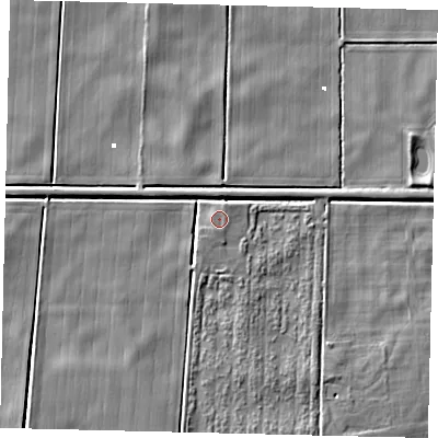 Shaded relief map of the ground around PE100AU, computed from Environment Agency LiDAR. The ground here sits at about 2 m above sea level and falls 4 m across the surrounding 800 m. Surface water reaching this point runs off ground lying to the south-south-west, 1.3 m higher.