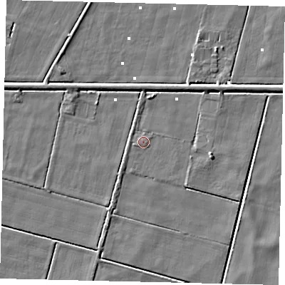 Shaded relief map of the ground around PE100AX, computed from Environment Agency LiDAR. The ground here sits at about 1 m above sea level and falls 4 m across the surrounding 800 m. Surface water reaching this point runs off ground lying to the south-west, 1.1 m higher.