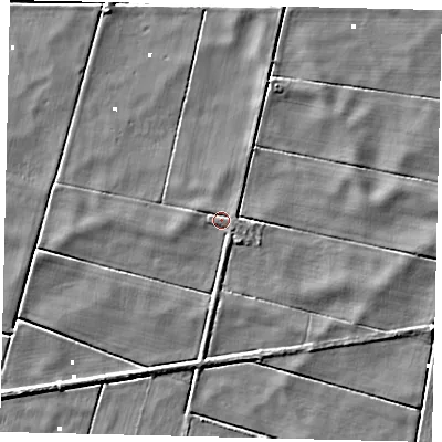 Shaded relief map of the ground around PE100AY, computed from Environment Agency LiDAR. The ground here sits at about 2 m above sea level and falls 4 m across the surrounding 800 m. Surface water reaching this point runs off ground lying to the east, 1.4 m higher.