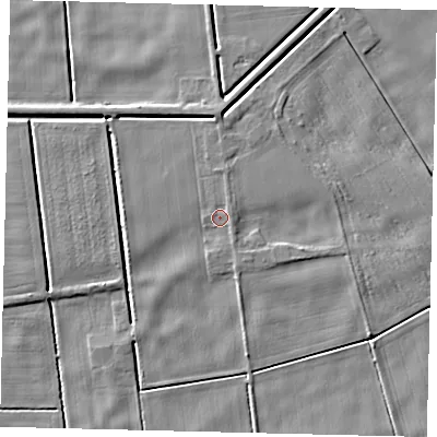 Shaded relief map of the ground around PE100AZ, computed from Environment Agency LiDAR. The ground here sits at about 2 m above sea level and falls 5 m across the surrounding 800 m. Surface water reaching this point runs off ground lying to the north-north-east, 1.2 m higher.